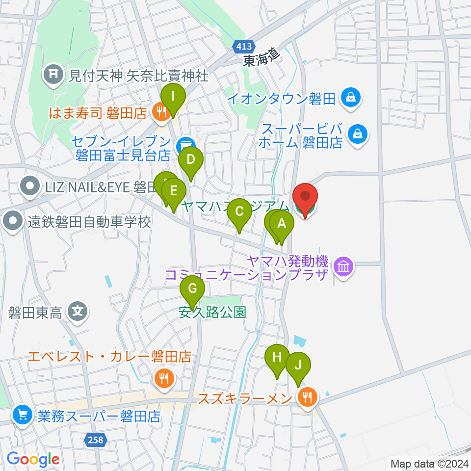 ヤマハスタジアム周辺のファミレス・ファーストフード一覧地図