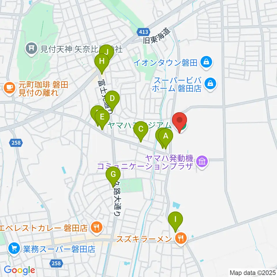 ヤマハスタジアム周辺のファミレス・ファーストフード一覧地図