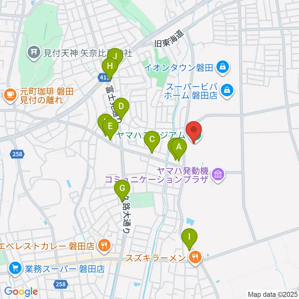 ヤマハスタジアム周辺のファミレス・ファーストフード一覧地図