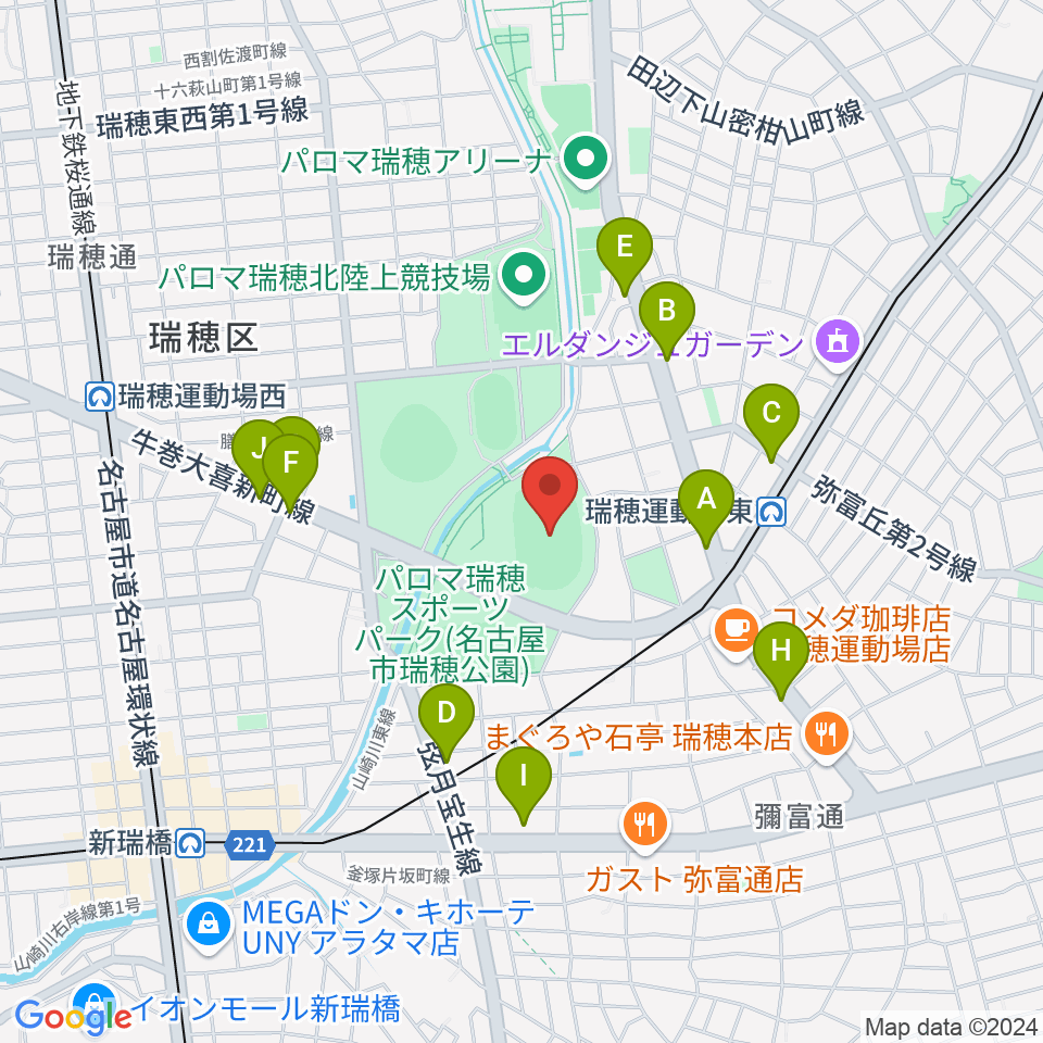 パロマ瑞穂スタジアム周辺のファミレス・ファーストフード一覧地図