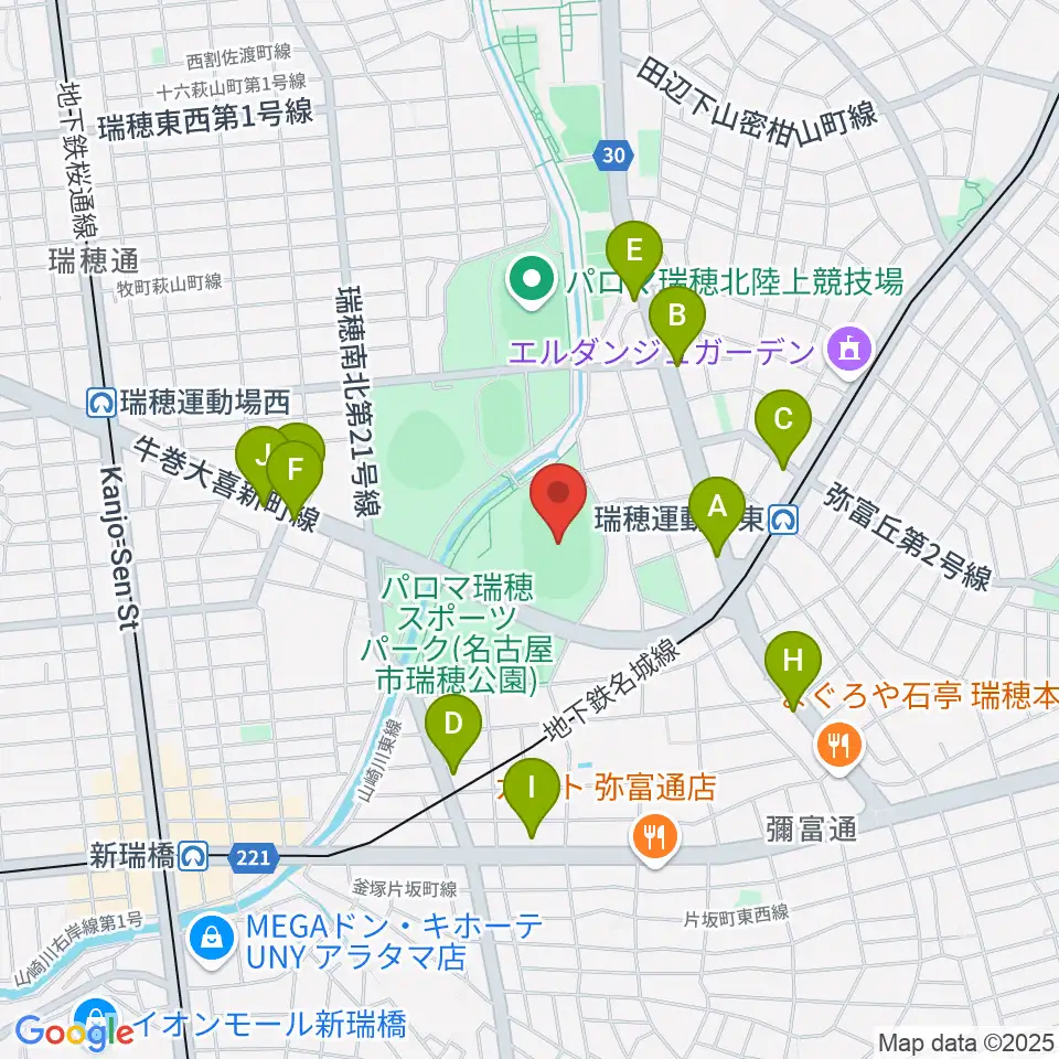 パロマ瑞穂スタジアム周辺のファミレス・ファーストフード一覧地図
