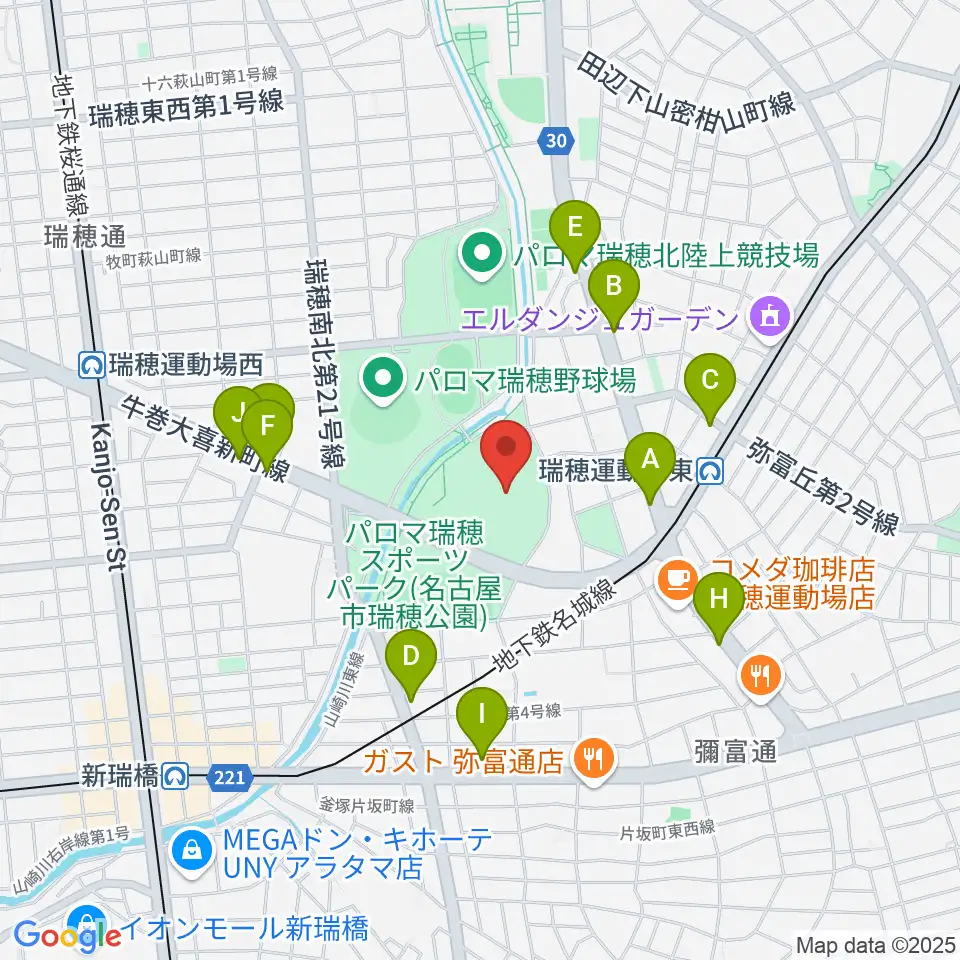 パロマ瑞穂スタジアム周辺のファミレス・ファーストフード一覧地図
