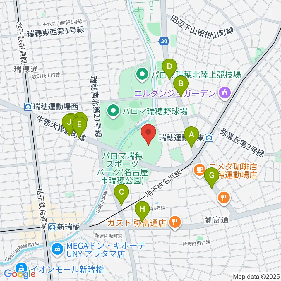 パロマ瑞穂スタジアム周辺のファミレス・ファーストフード一覧地図