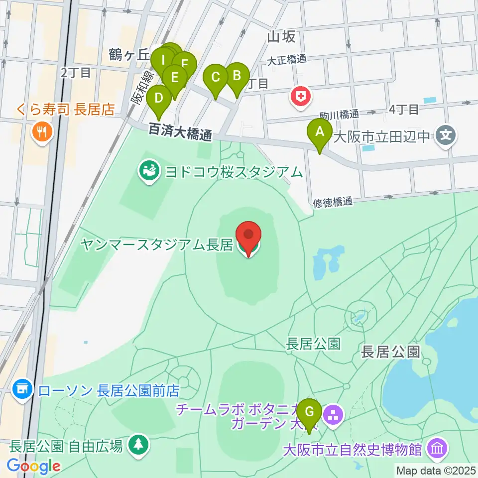 ヤンマースタジアム長居周辺のファミレス・ファーストフード一覧地図