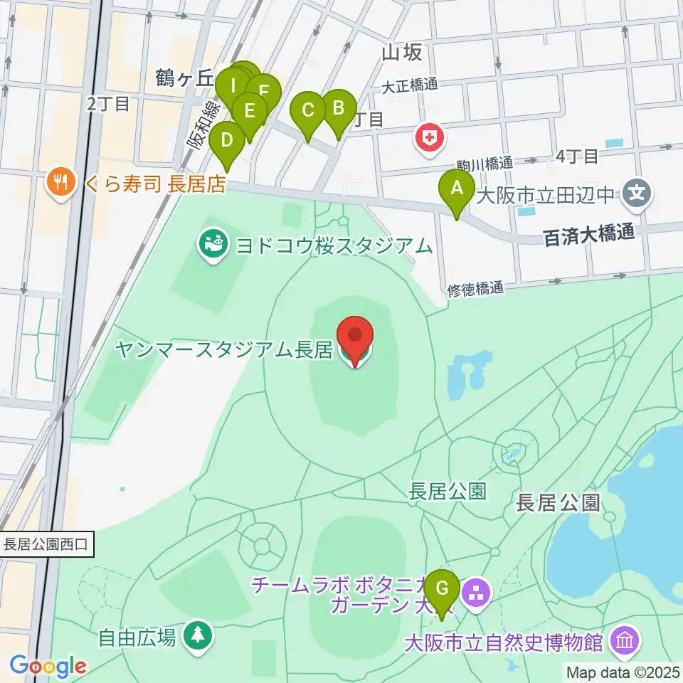 ヤンマースタジアム長居周辺のファミレス・ファーストフード一覧地図