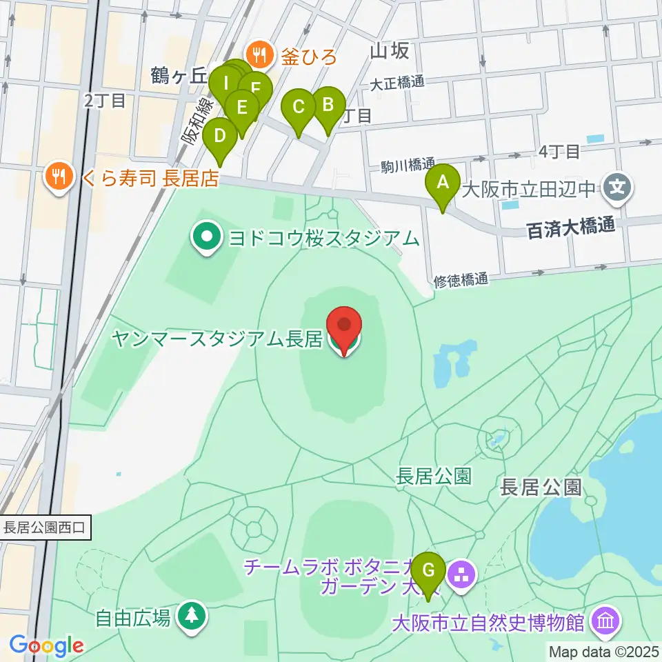 ヤンマースタジアム長居周辺のファミレス・ファーストフード一覧地図