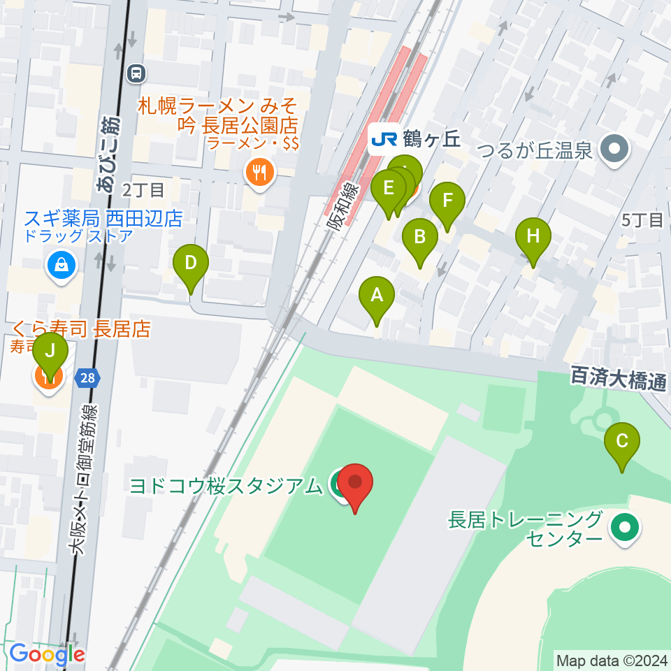 ヨドコウ桜スタジアム周辺のファミレス・ファーストフード一覧地図