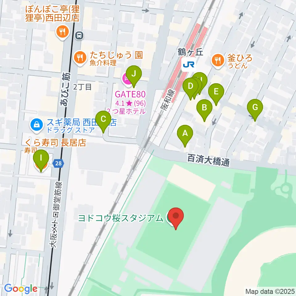 ヨドコウ桜スタジアム周辺のファミレス・ファーストフード一覧地図