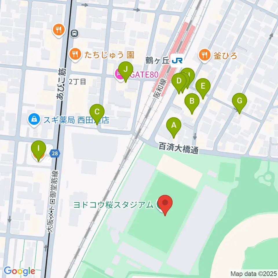 ヨドコウ桜スタジアム周辺のファミレス・ファーストフード一覧地図