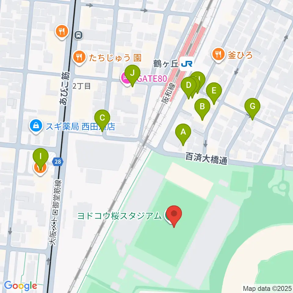 ヨドコウ桜スタジアム周辺のファミレス・ファーストフード一覧地図