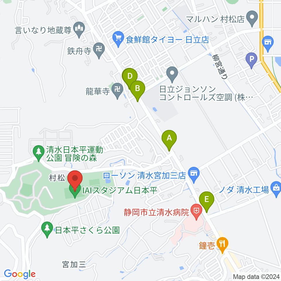 IAIスタジアム日本平周辺のファミレス・ファーストフード一覧地図
