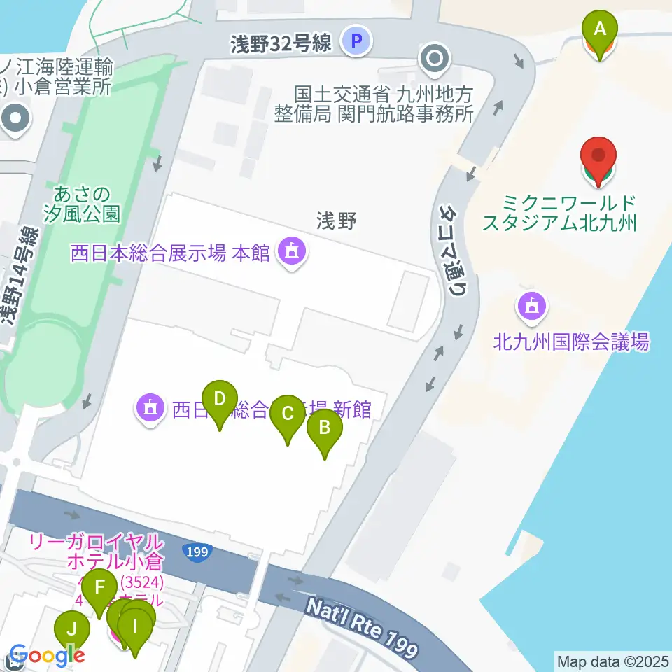 ミクニワールドスタジアム北九州周辺のファミレス・ファーストフード一覧地図