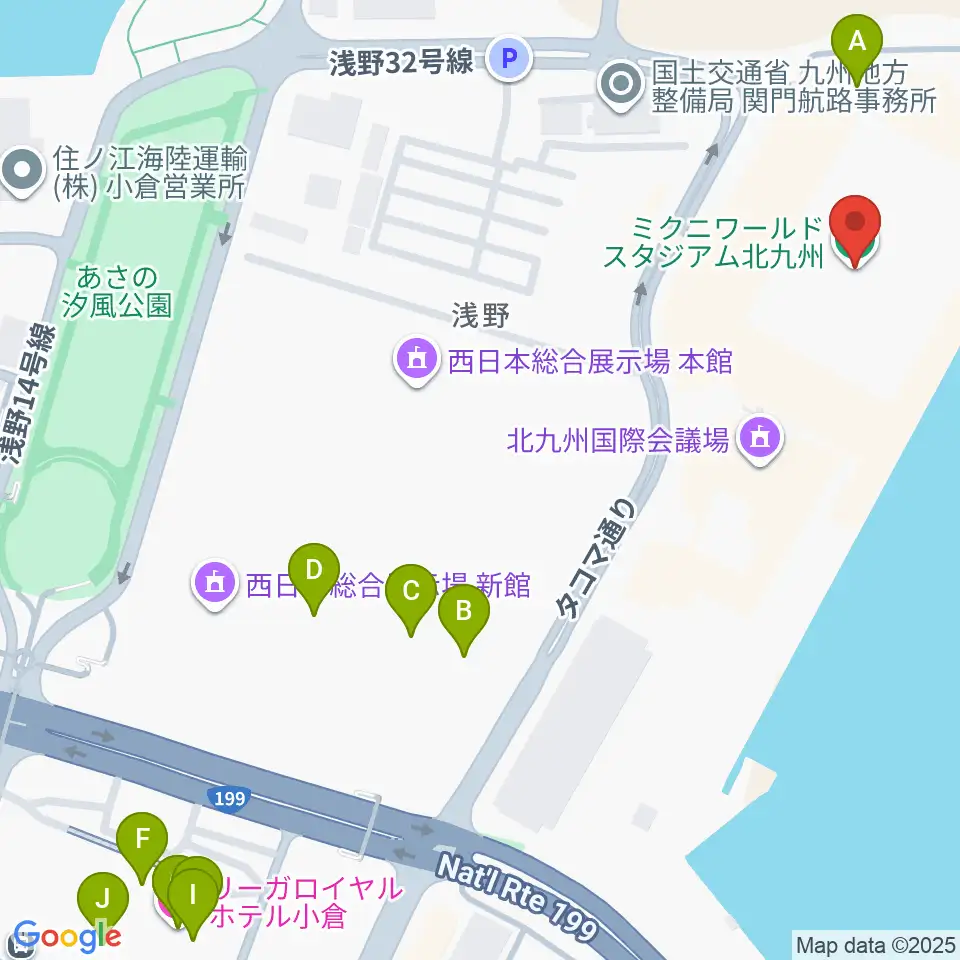 ミクニワールドスタジアム北九州周辺のファミレス・ファーストフード一覧地図