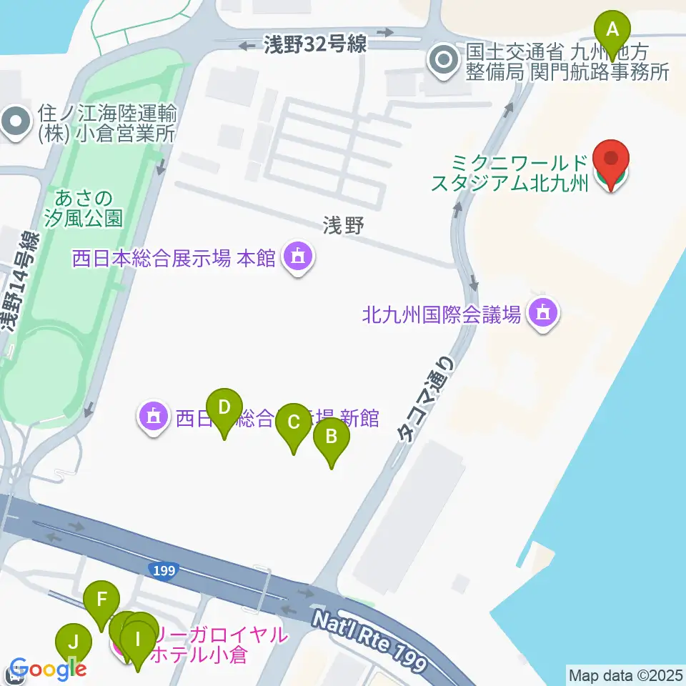 ミクニワールドスタジアム北九州周辺のファミレス・ファーストフード一覧地図