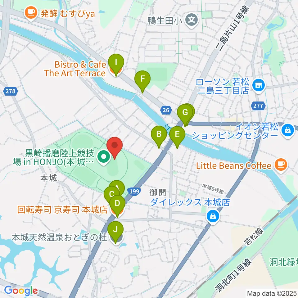 黒崎播磨陸上競技場inHONJO周辺のファミレス・ファーストフード一覧地図