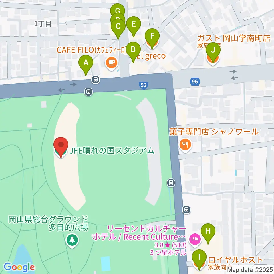 JFE晴れの国スタジアム周辺のファミレス・ファーストフード一覧地図