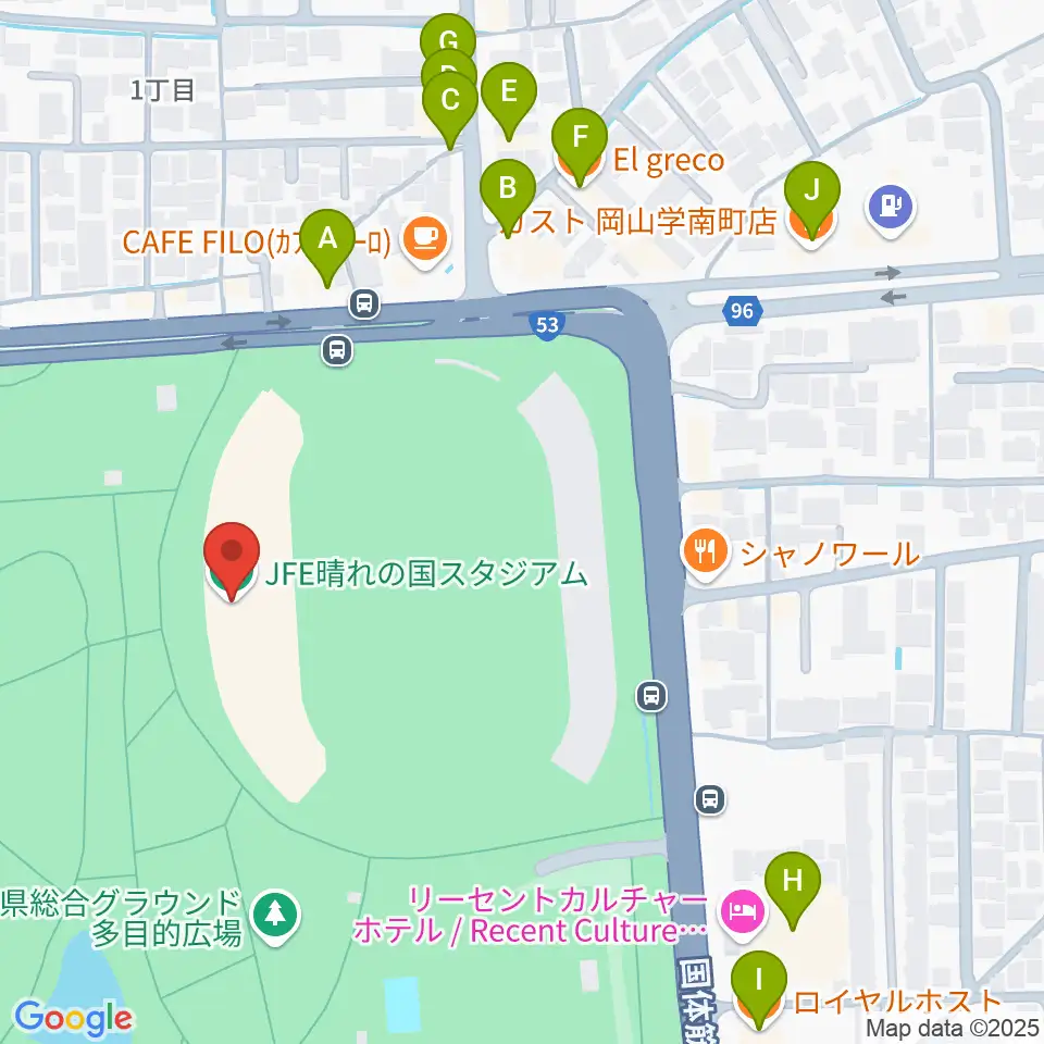 JFE晴れの国スタジアム周辺のファミレス・ファーストフード一覧地図