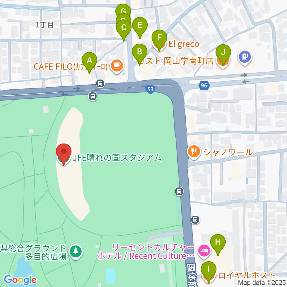 JFE晴れの国スタジアム周辺のファミレス・ファーストフード一覧地図