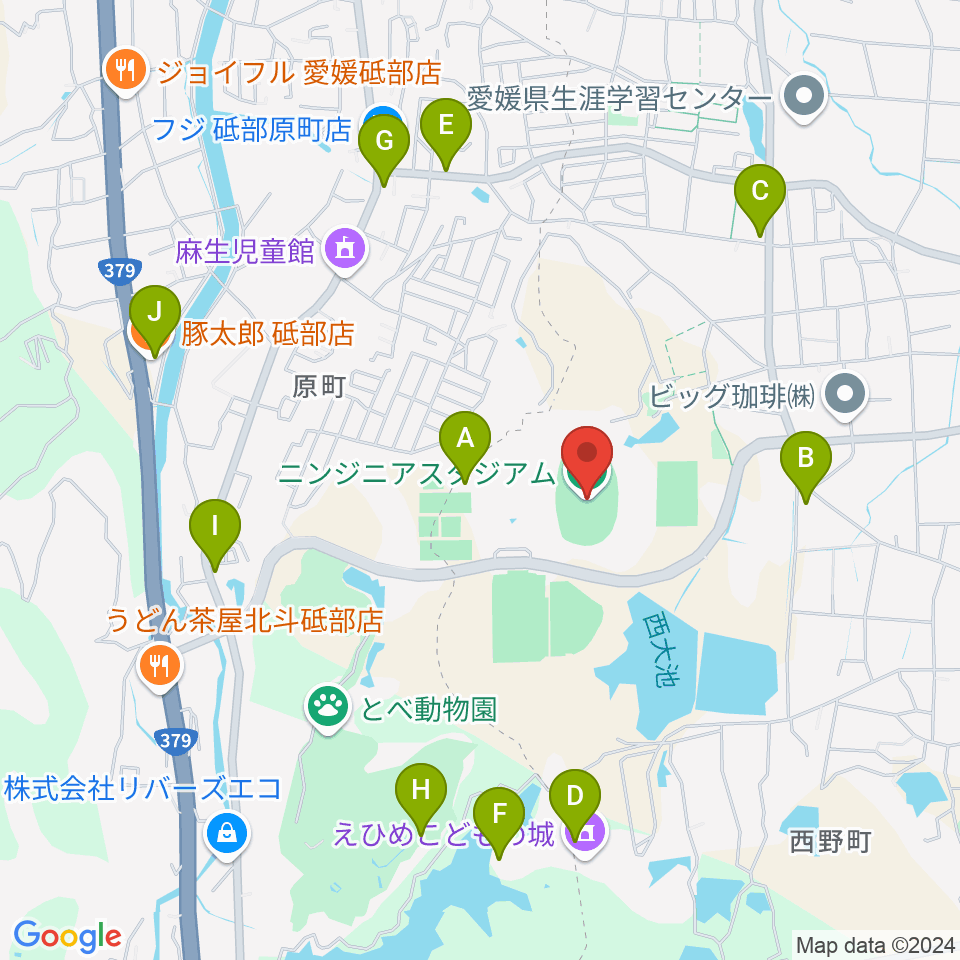 ニンジニアスタジアム周辺のファミレス・ファーストフード一覧地図