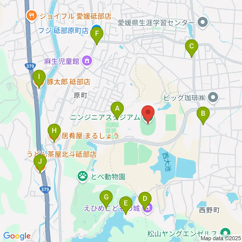 ニンジニアスタジアム周辺のファミレス・ファーストフード一覧地図