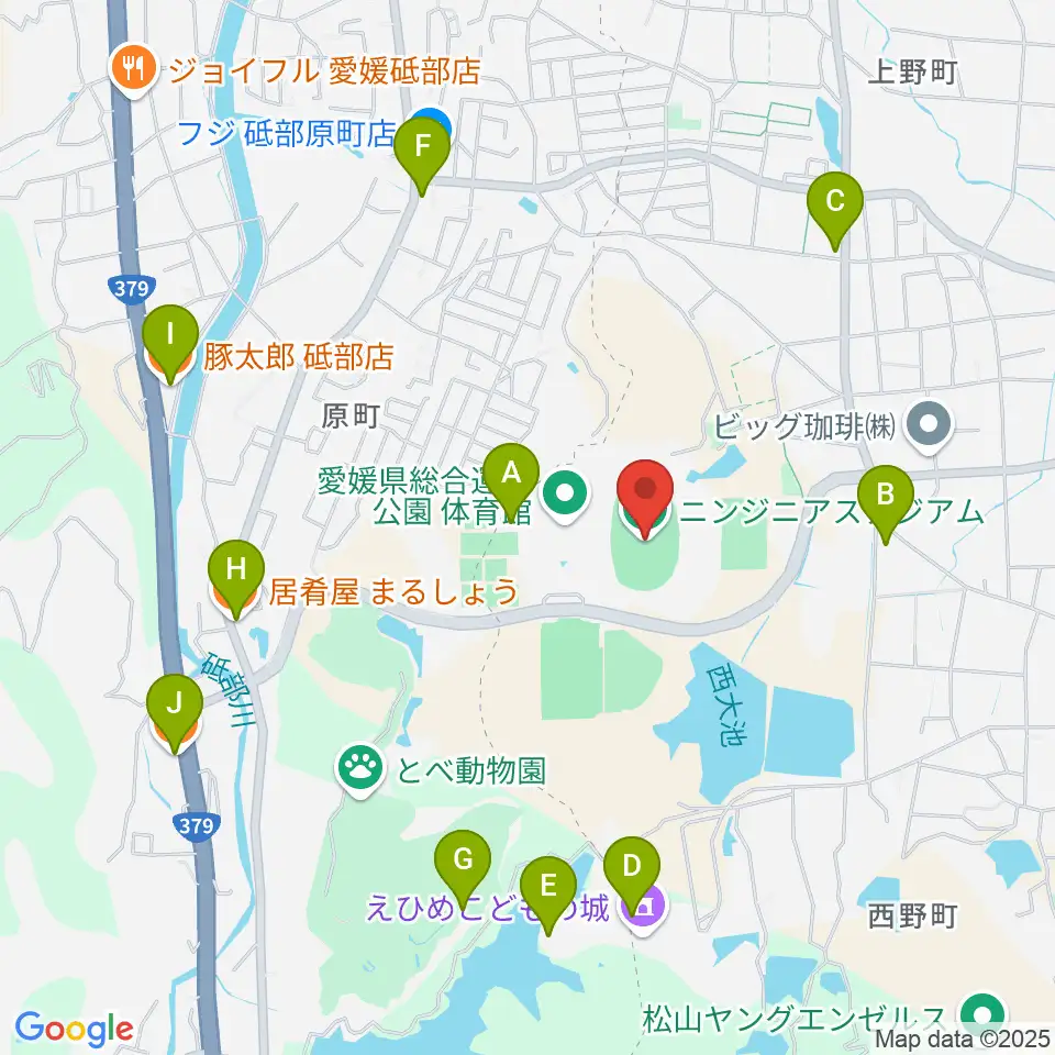 ニンジニアスタジアム周辺のファミレス・ファーストフード一覧地図