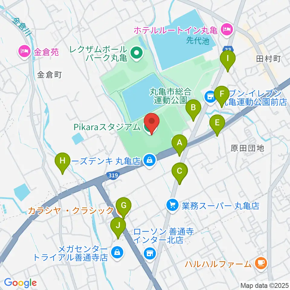 Pikaraスタジアム周辺のファミレス・ファーストフード一覧地図