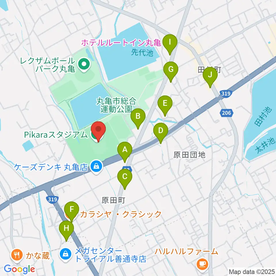 Pikaraスタジアム周辺のファミレス・ファーストフード一覧地図