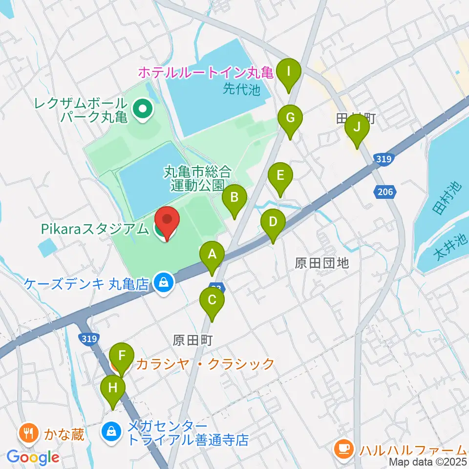 Pikaraスタジアム周辺のファミレス・ファーストフード一覧地図