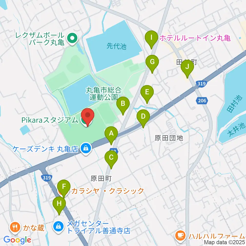 香川県立丸亀競技場周辺のファミレス・ファーストフード一覧地図
