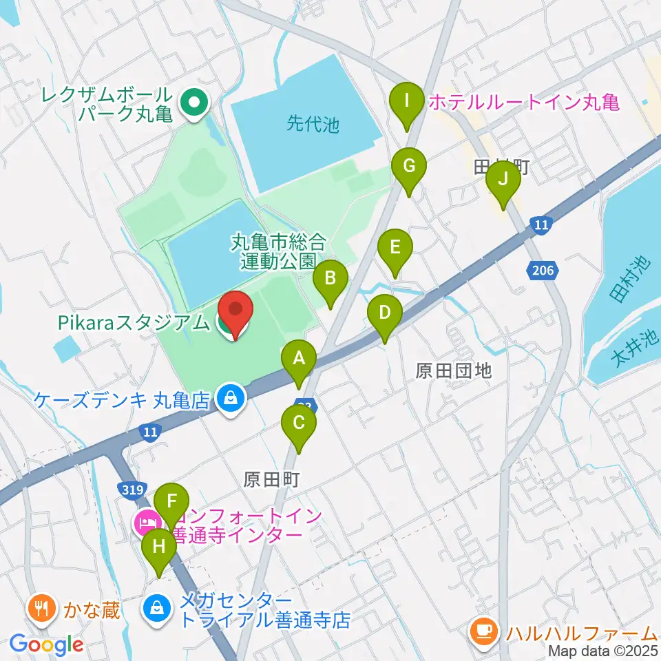 香川県立丸亀競技場周辺のファミレス・ファーストフード一覧地図