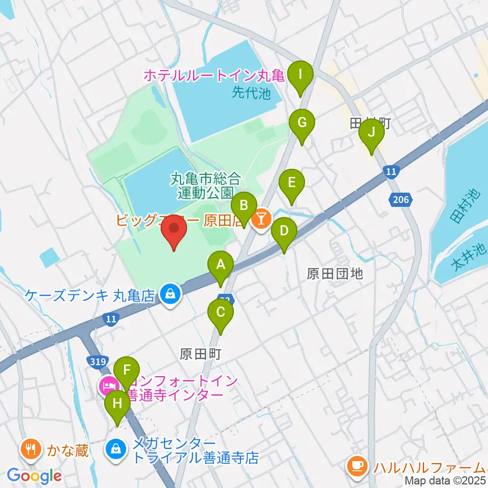 四国化成MEGLIOスタジアム周辺のファミレス・ファーストフード一覧地図