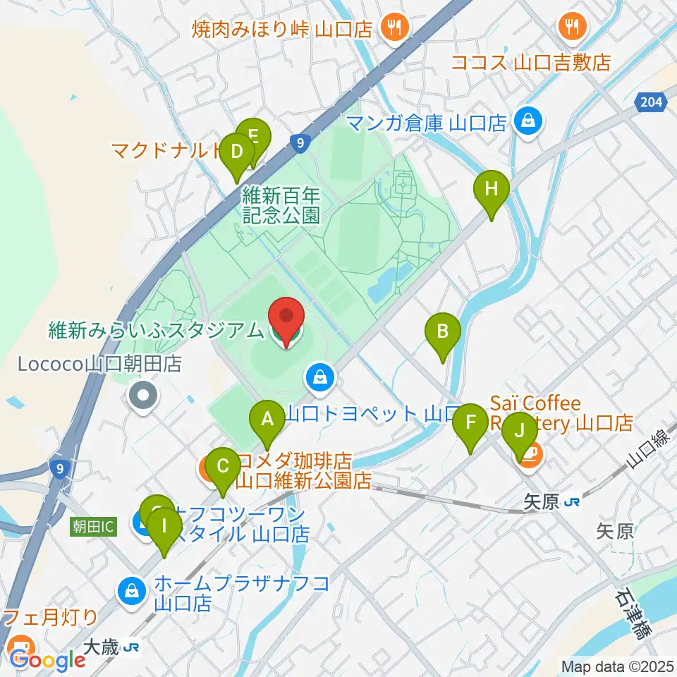 維新みらいふスタジアム周辺のファミレス・ファーストフード一覧地図