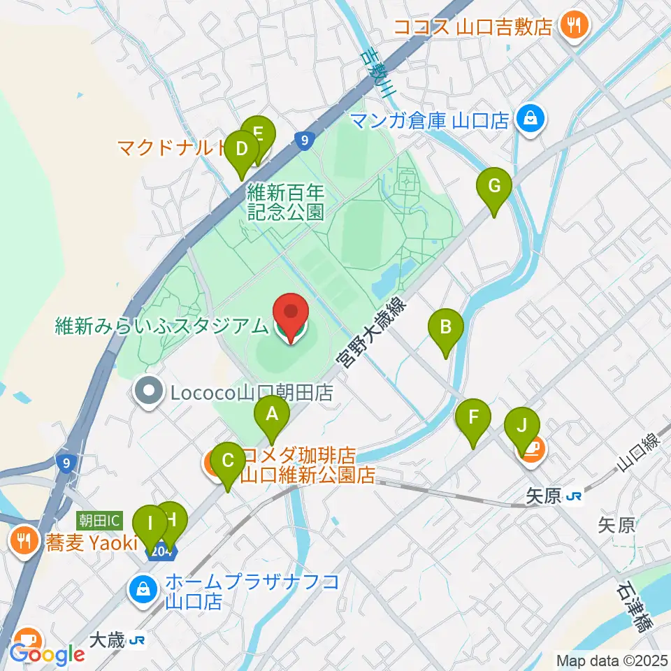 維新みらいふスタジアム周辺のファミレス・ファーストフード一覧地図