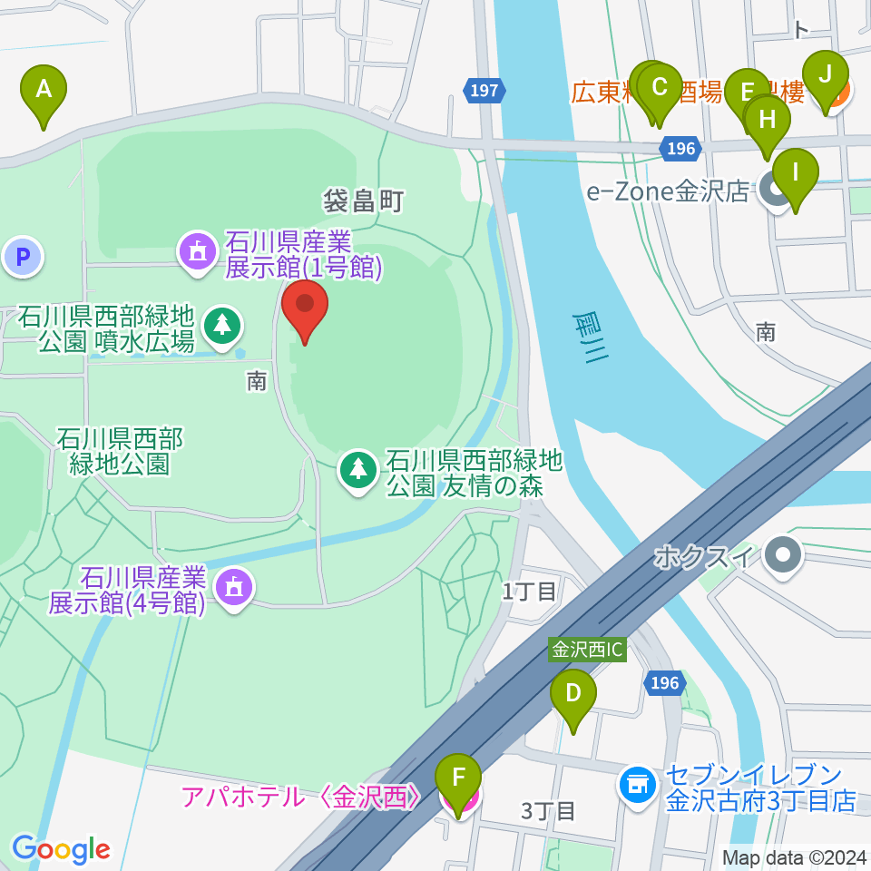 石川県西部緑地公園陸上競技場周辺のファミレス・ファーストフード一覧地図