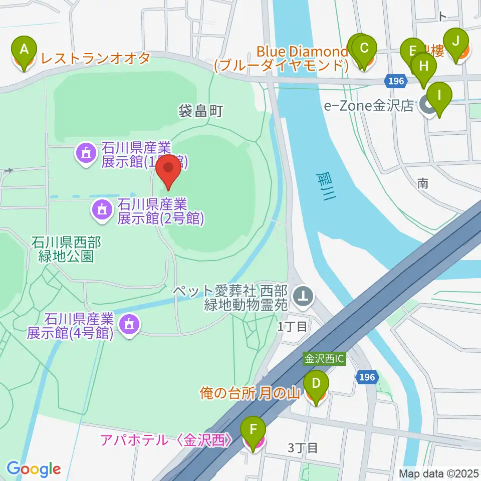 石川県西部緑地公園陸上競技場周辺のファミレス・ファーストフード一覧地図