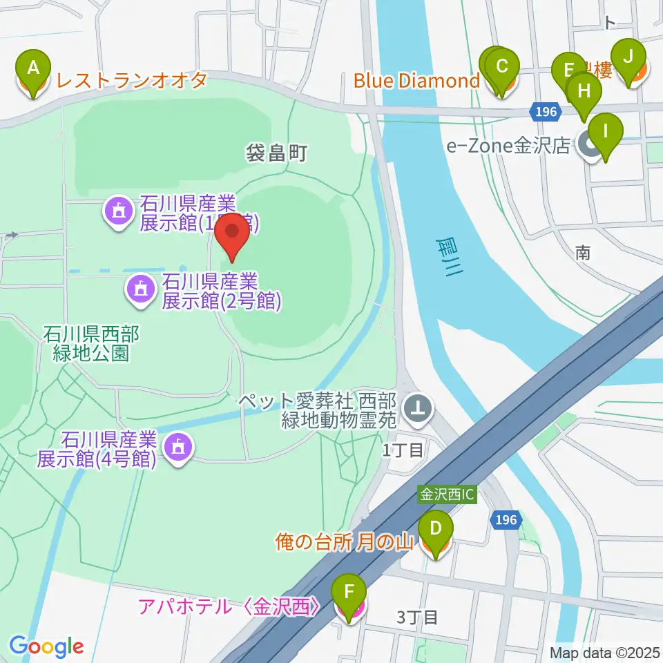 石川県西部緑地公園陸上競技場周辺のファミレス・ファーストフード一覧地図