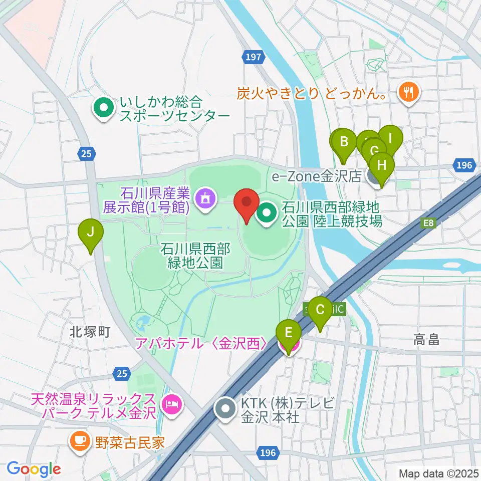 石川県西部緑地公園陸上競技場周辺のファミレス・ファーストフード一覧地図