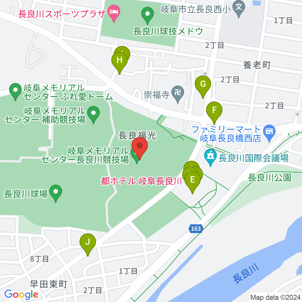 岐阜メモリアルセンター長良川競技場周辺のファミレス・ファーストフード一覧地図