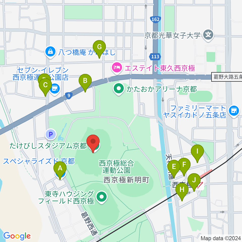 たけびしスタジアム京都周辺のファミレス・ファーストフード一覧地図