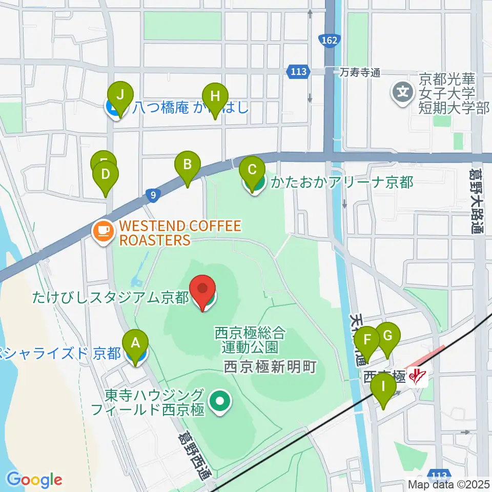 たけびしスタジアム京都周辺のファミレス・ファーストフード一覧地図