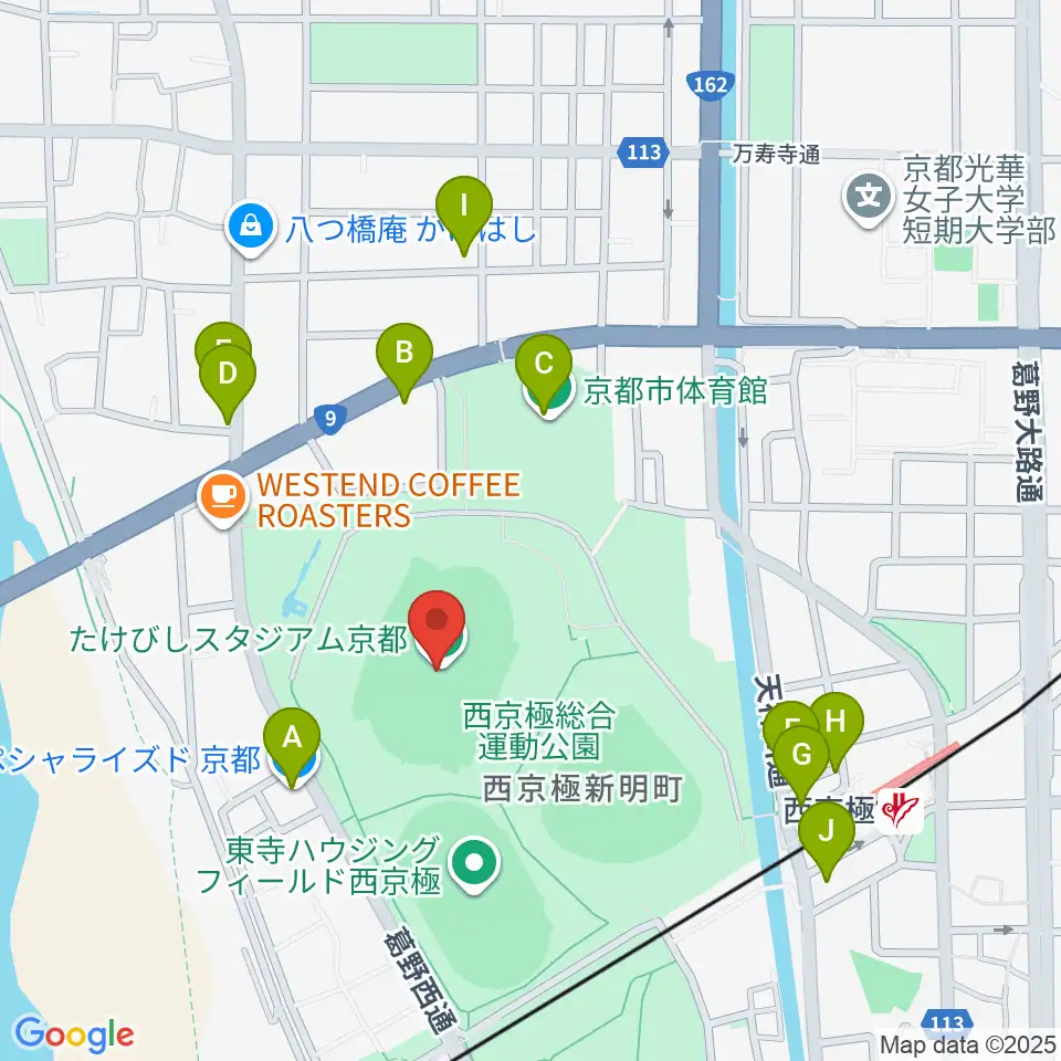 たけびしスタジアム京都周辺のファミレス・ファーストフード一覧地図