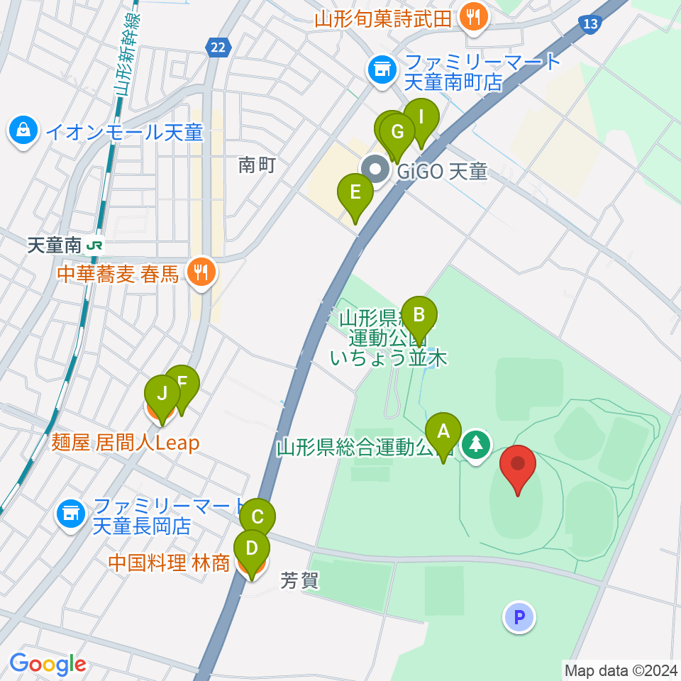 NDソフトスタジアム山形周辺のファミレス・ファーストフード一覧地図