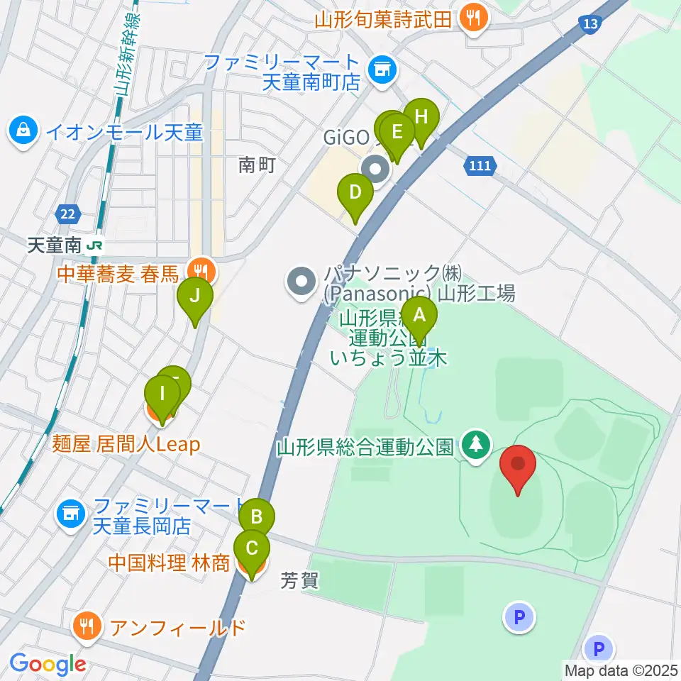 NDソフトスタジアム山形周辺のファミレス・ファーストフード一覧地図