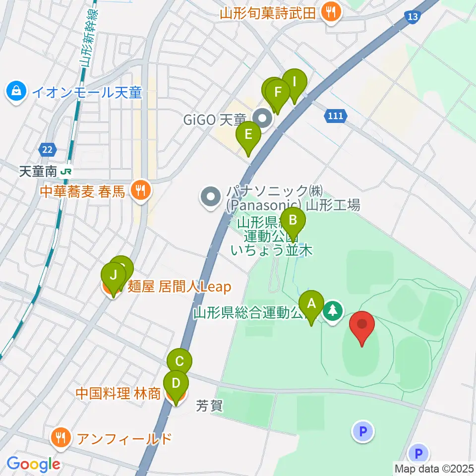NDソフトスタジアム山形周辺のファミレス・ファーストフード一覧地図