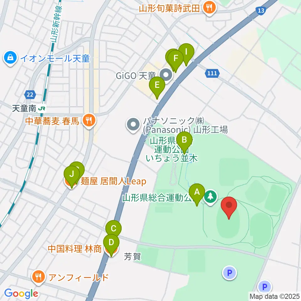 NDソフトスタジアム山形周辺のファミレス・ファーストフード一覧地図
