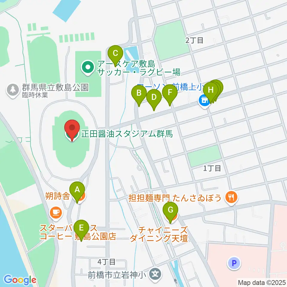 正田醤油スタジアム群馬周辺のファミレス・ファーストフード一覧地図