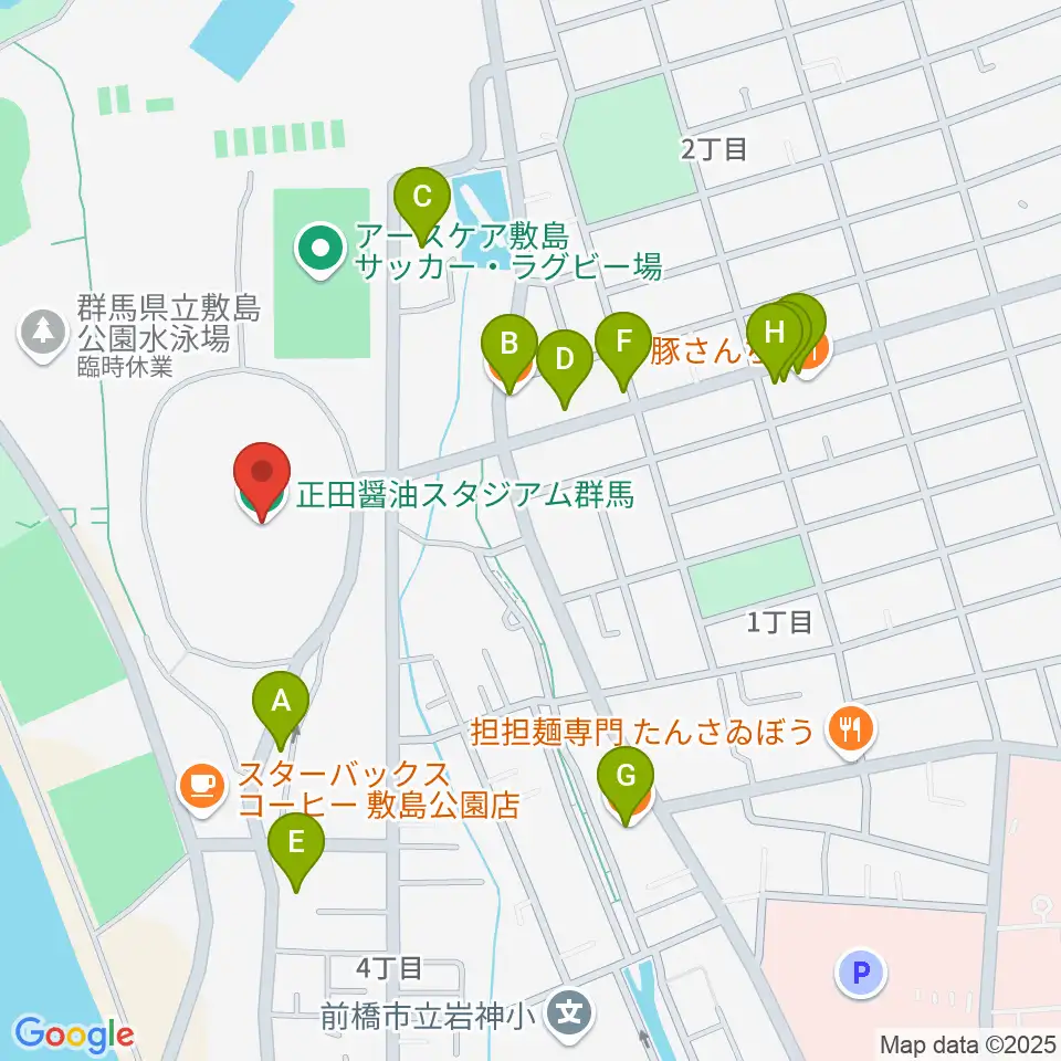 正田醤油スタジアム群馬周辺のファミレス・ファーストフード一覧地図