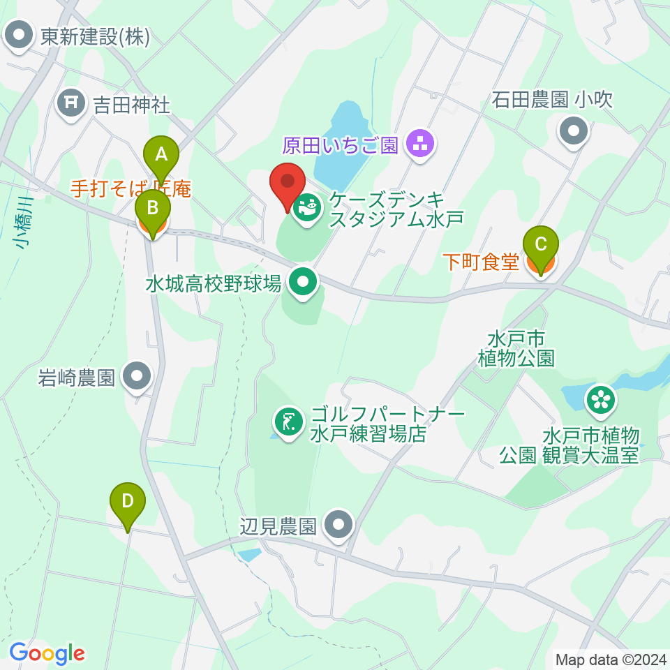 ケーズデンキスタジアム水戸周辺のファミレス・ファーストフード一覧地図