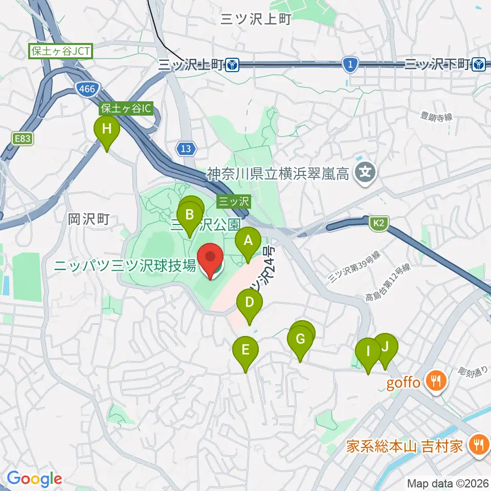 ニッパツ三ツ沢球技場 周辺のファミレス ファーストフード一覧マップ