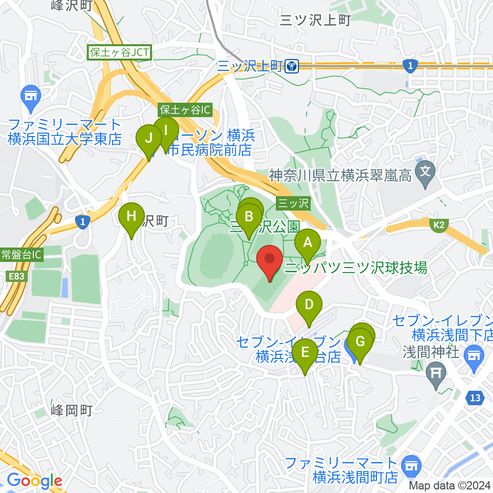 ニッパツ三ツ沢球技場周辺のファミレス・ファーストフード一覧地図